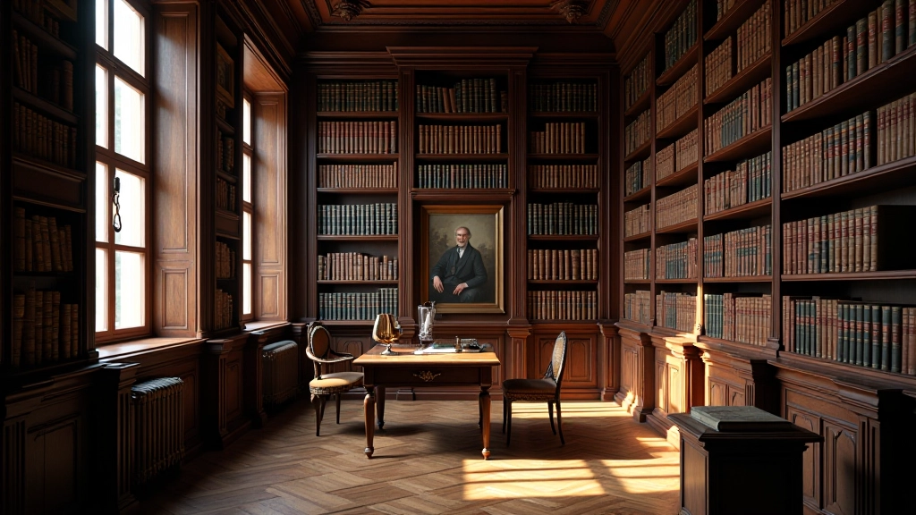 Biblioteca antiga com estantes de madeira e livros antigos, iluminação natural