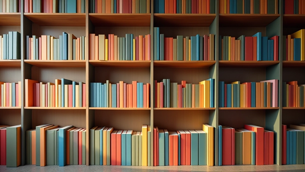 Estante de livros coloridos em biblioteca moderna