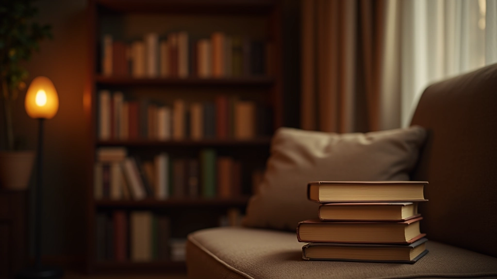 Espaço aconchegante com livros e almofadas para leitura