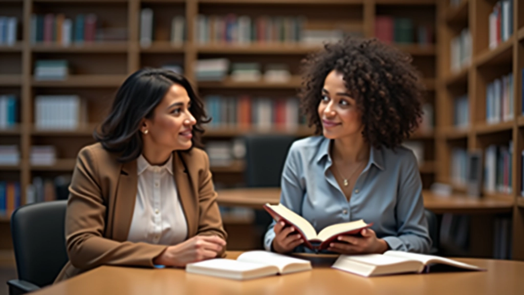 Grupo de pessoas conversando em volta de uma mesa redonda em biblioteca, cada um com um livro