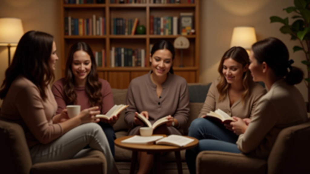Grupo de pessoas discutindo em clube de leitura, em círculo com café, ambiente acolhedor e livros espalhados