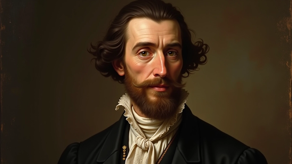 Retrato histórico de Luís de Camões, poeta português do século XVI, rosto sereno e determinado, fundo neutro