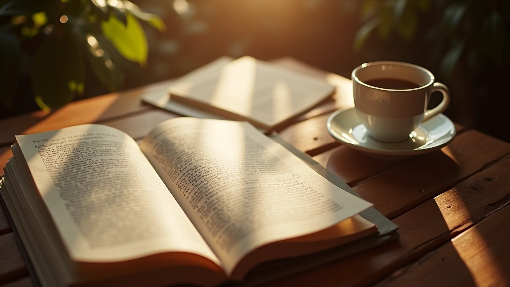 Mesa com livros abertos e xícara de café durante leitura