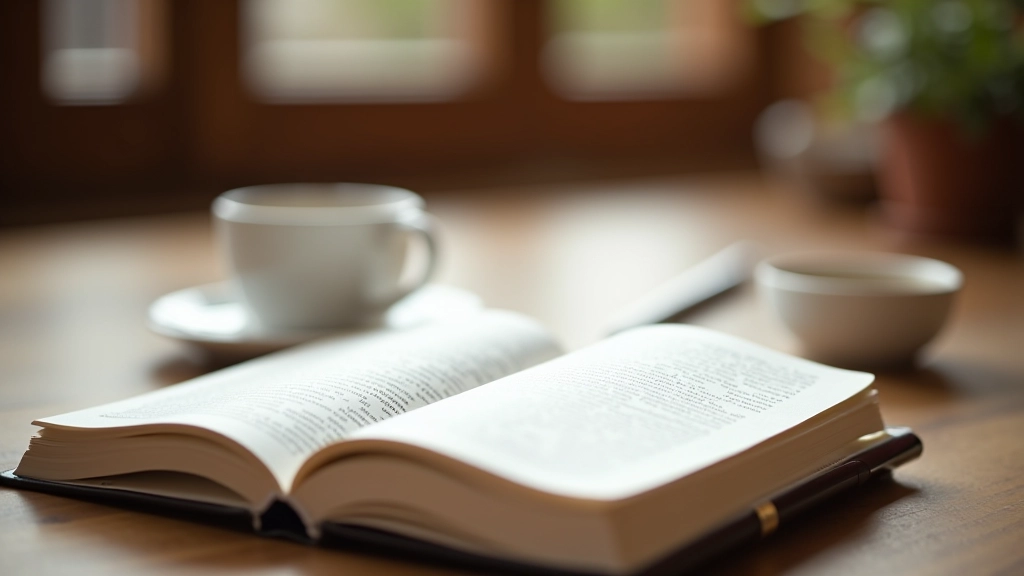 Caderno com notas de leitura, caneta e café em mesa de madeira com luz natural