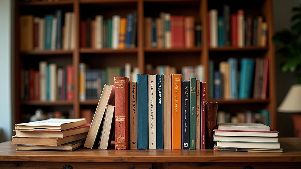 Estante de livros organizada com marcadores de leitura, diferentes gêneros e cores, biblioteca pessoal bem cuidada