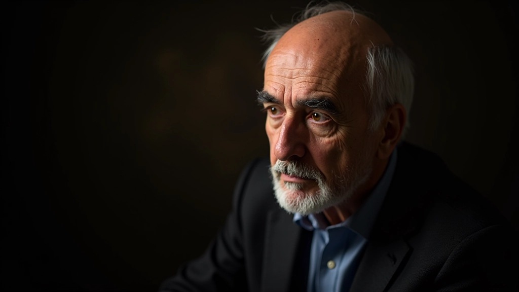 Retrato de José Saramago, escritor português do século XX, expressão pensativa e sábia, ambiente de estúdio