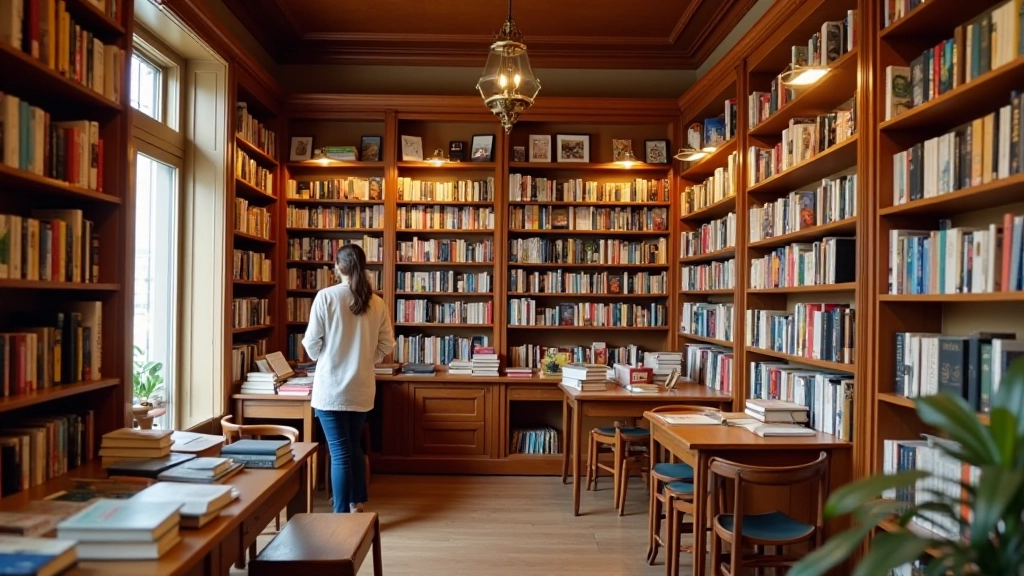 Interior de livraria portuguesa com prateleiras de livros clássicos