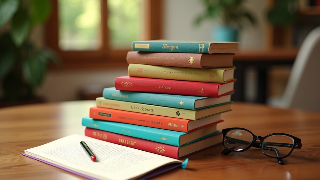 Pilha de livros internacionais com capas coloridas em mesa de madeira