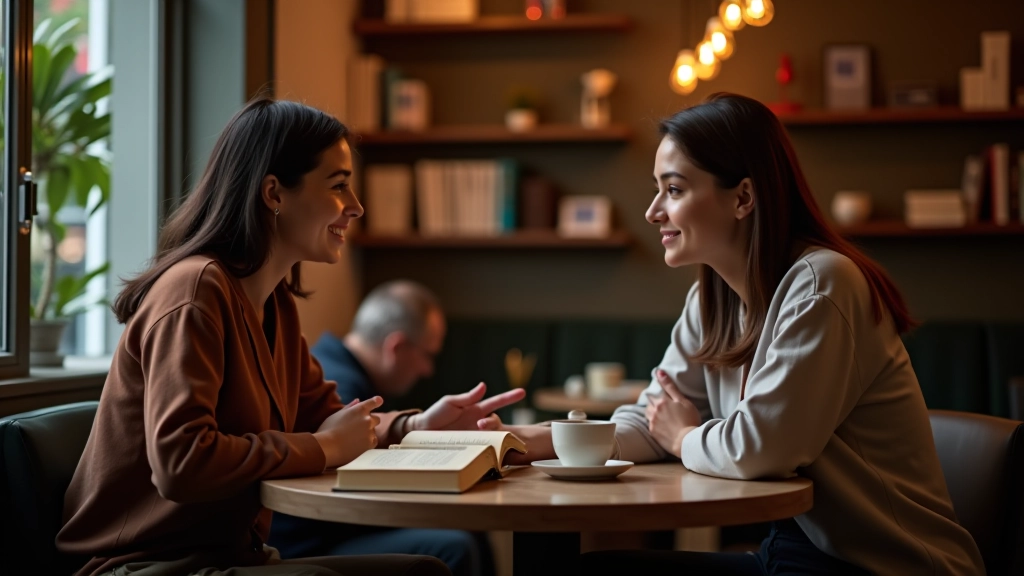 Grupo de pessoas discutindo livros em ambiente aconchego de café com estante de fundo