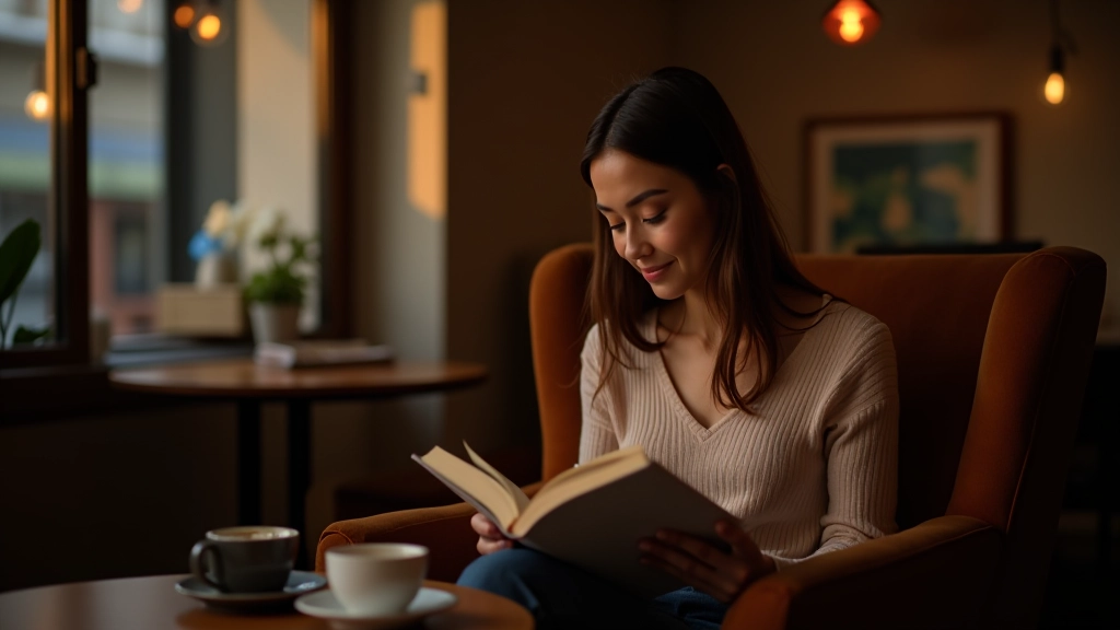 Mulher lendo livro em café aconchegante com xícara de café ao lado