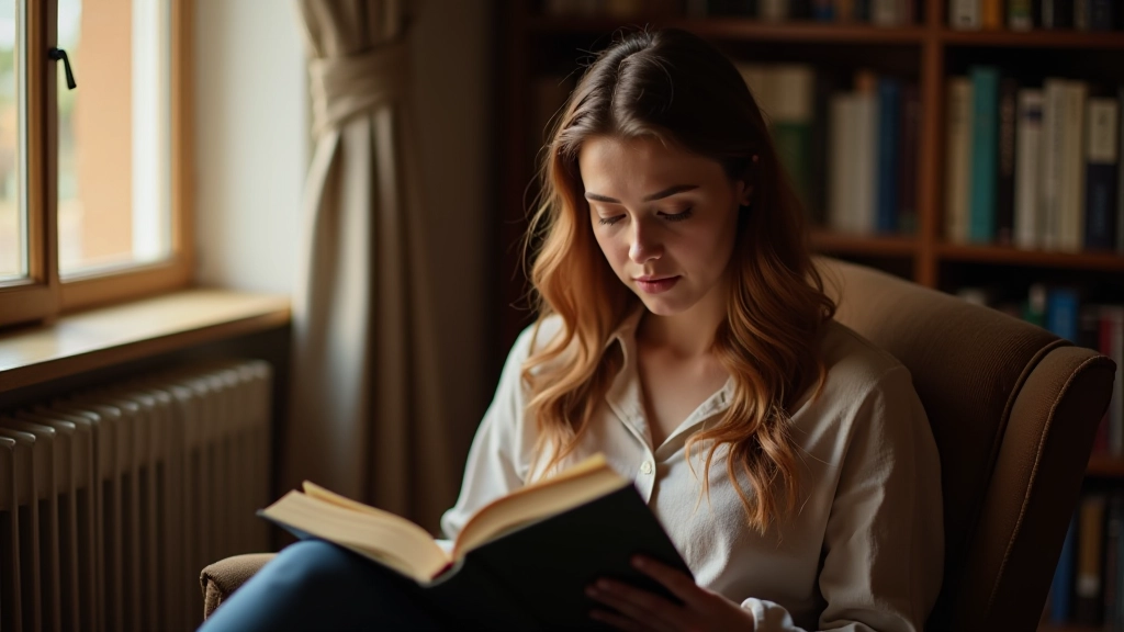 Mulher lendo livro em ambiente aconchegante com luz natural dourada