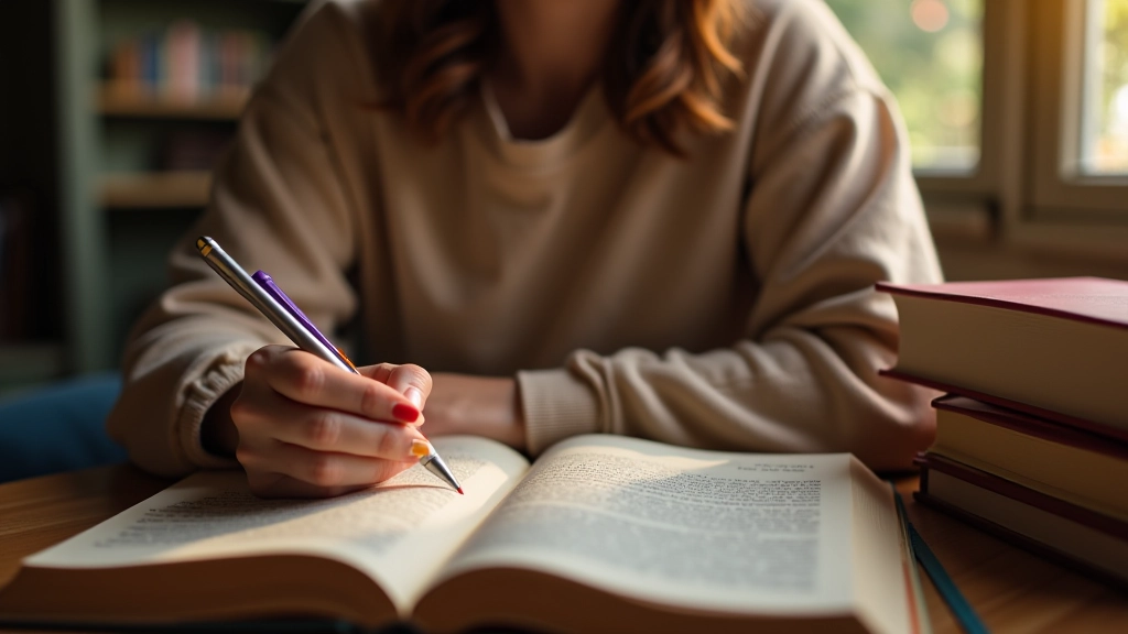 Mulher anotando progresso de leitura em caderno com canetas coloridas, ambiente acolhedor com livros ao fundo